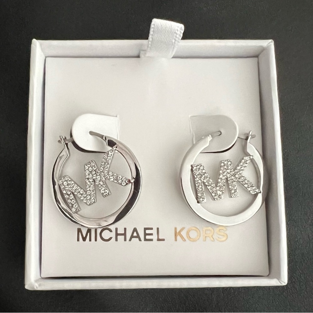 Michael Kors: Precious Metal-Plated Brass Crystal Logo Hoop Earrings
